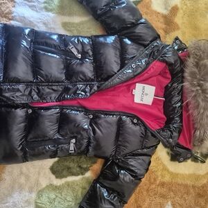 Moncler Shiny Black Kids Puffer Jacket with Faux Fur Trim